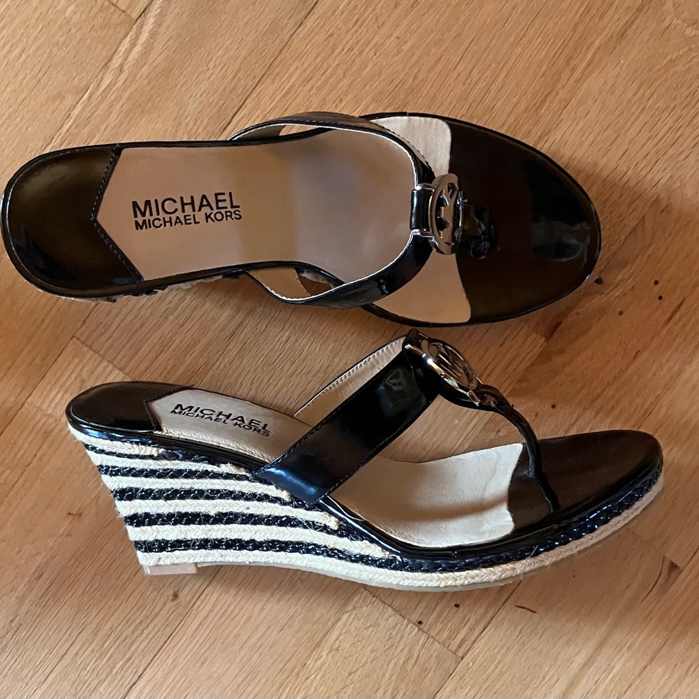 MICHAEL Michael Kors Black and Cream Wedge Sandals